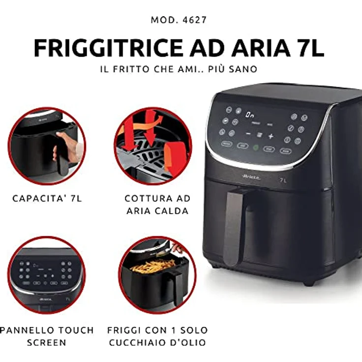Ariete Airy Fryer 7L 4627, Heißluftfritteuse 7 Liter, 60-Minuten-Timer, LCD- und Touchscreen mit 12 Garstufen, Max Crisp Funktion, Max. Temperatur 200° C, Fassungsvermögen 2kg , 1700W, Schwarz – Bild 2