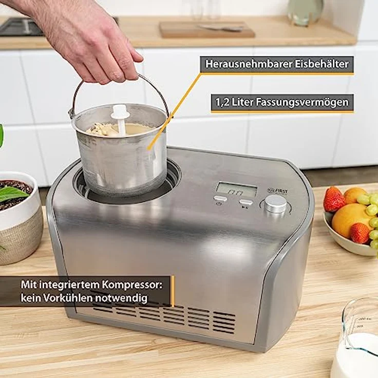 TZS First Austria Eismaschine mit Kompressor | Ice Cream Maker selbstkühlend mit entnehmbarem 1,2 Liter Edelstahl-Eisbehälter & Deckelöffnung für Zutaten | Eiscreme-Maschine für zuhause – Bild 5