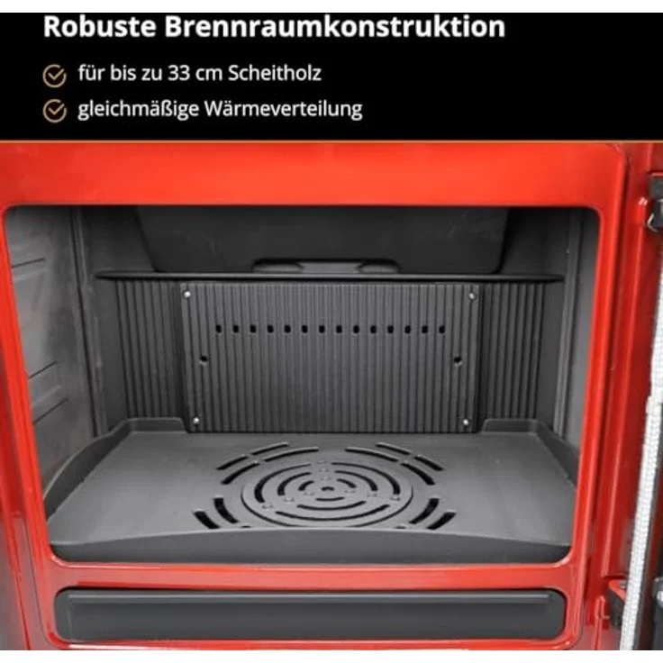 365® Kaminofen Ferrox 75, rot emailliert, 10,5 kW Nennwärmeleistung, Gusseisen, Scheibenspülung, Aschekasten – Bild 5