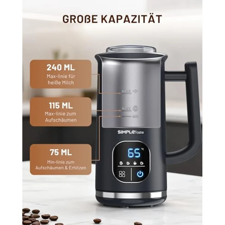 SIMPLETASTE Milchaufschäumer Elektrisch 4-in-1, Heißer & kalter Milchschaum, warmes Milch- und Kakaoerwärmen, 240 ml Fassungsvermögen, Antihaftbeschichtung, automatische Abschaltung, leise & BPA-frei – Bild 4