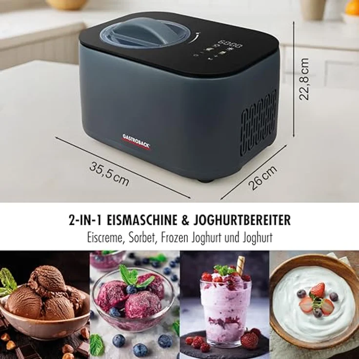 GASTROBACK Mini Eismaschine 2-in-1 mit Kompressor, 100 Watt, Eiscreme- und Joghurtmaschine für Zuhause, gleichmäßige Rührleistung, automatische Kühlfunktion, kompaktes Design – Bild 2