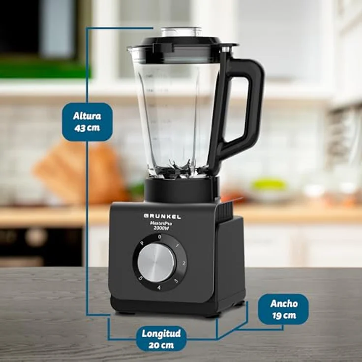Grunkel BAT-2000 MASTERPRO, Großer Familien-Standmixer mit 2000 W Leistung, 1,5 L Glasbecher, 5 Geschwindigkeitsstufen und Turbo-Funktion – Bild 2