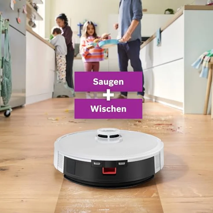 BOSCH Saugroboter Spotless + BCRD1W, Saug- und Wischroboter mit 11.000 Pa Saugkraft, beutellos, Infrarot Navigation, Carbon Bürste, Trocken-Servicestation – Bild 2