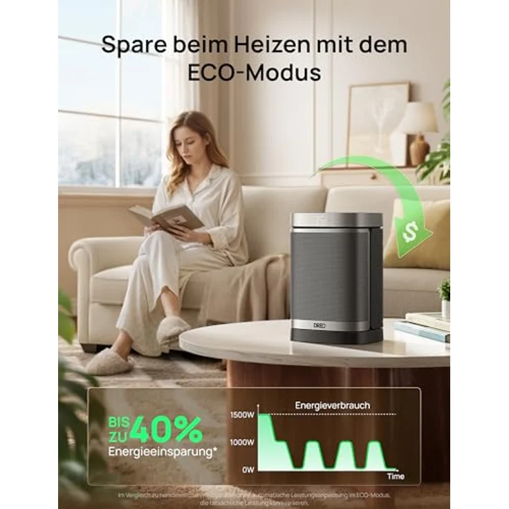Dreo Atom One, 1500W Heizlüfter mit Thermostat, Oszillation und 12-Stunden-Timer, schwarz – Bild 6