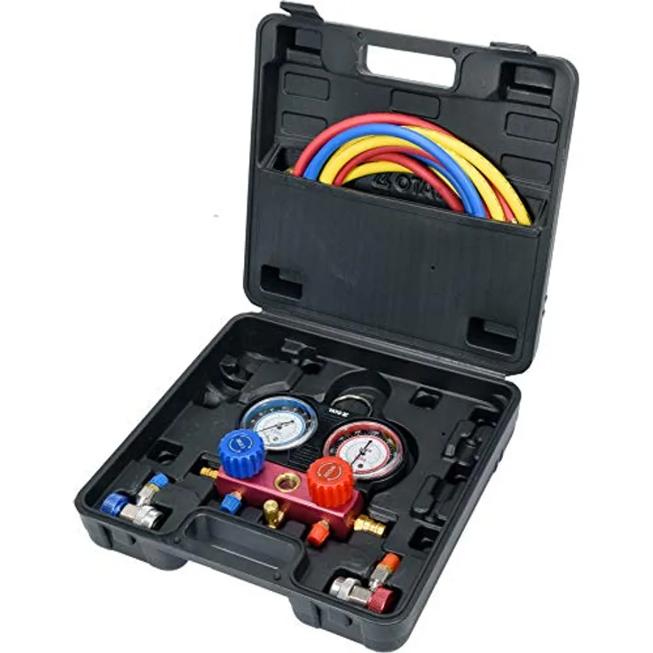 Yato Profi Klimaanlagen Druckuhr-Armatursatz 6 TLG, 2-Wege Manometer für R134a, präzise Druckmessung, robuste Stahlkonstruktion, inklusive 3 Gummischläuche, praktischer Koffer