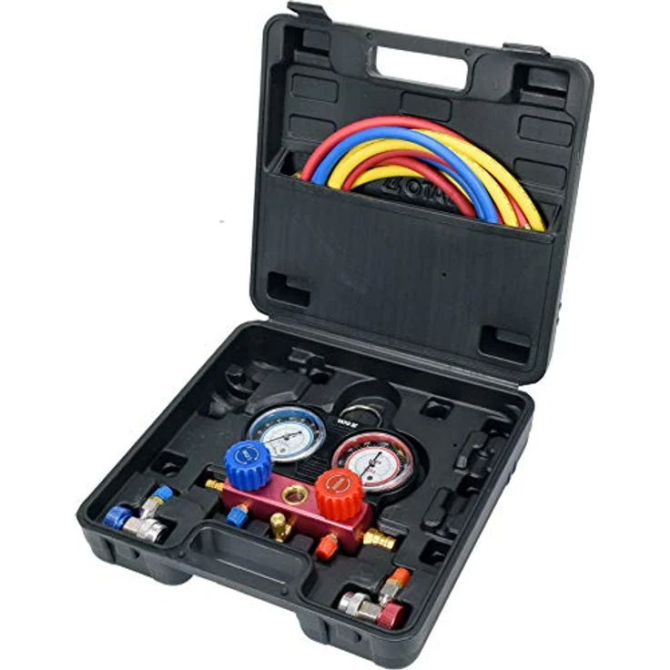 Yato Profi Klimaanlagen Druckuhr-Armatursatz 6 TLG, 2-Wege Manometer für R134a, präzise Druckmessung, robuste Stahlkonstruktion, inklusive 3 Gummischläuche, praktischer Koffer – Bild 1
