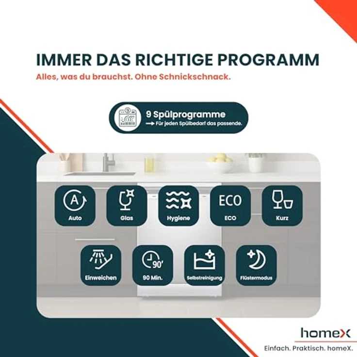 homeX DWFS601442A-S Geschirrspüler 60 cm, freistehend, 14 Maßgedecke, 9 Programme, AquaStop, unterbaufähig, 42 dB – Bild 8