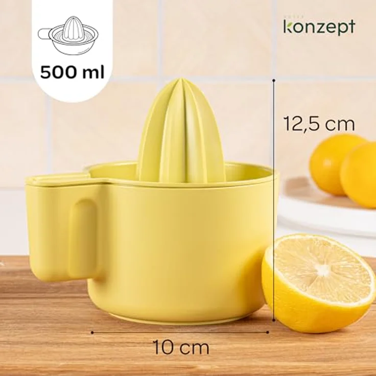 KONZEPT Zitronenpresse, Manuelle Saftpresse aus BPA-freiem Kunststoff, 500 ml Behälter mit Ausguss, für Zitronen, Orangen, Limetten, Gelb – Bild 2