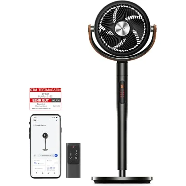 Dreo PolyFan 513S, 25dB leiser Smart Standventilator mit 120°+105° Oszillation, 6 Modi, 8 Geschwindigkeiten und Fernbedienung, 30M Winddistanz, Turbo-Luftzirkulator