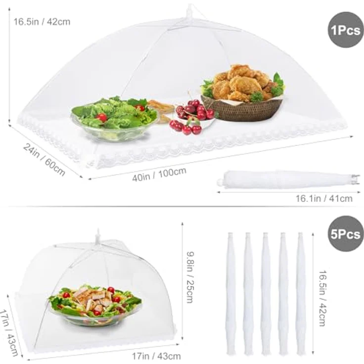 Homealexa 6er Set Fliegenhaube Lebensmittel, Wiederverwendbare Abdeckhaube für Essen (1 XL 100×60 cm & 5×43 cm), Faltbare Speisenabdeckung für BBQ, Picknick & Gartenparty mit Fliegenschutzและ Obstnetz – Bild 3
