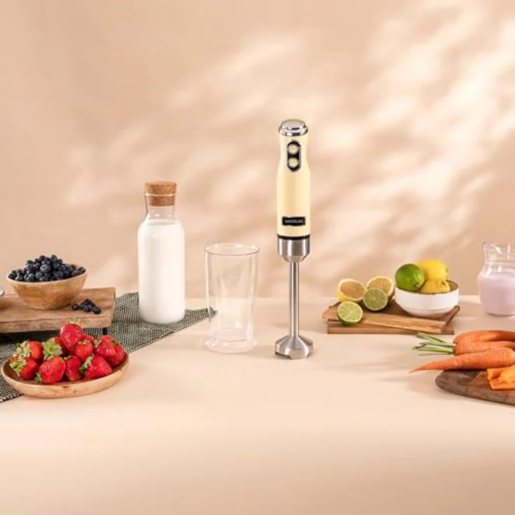 Cecotec Stabmixer Power RetroYellow 1200MAX Cream&Crush, 1200 W, CrossBlades-Technologie, 2 Geschwindigkeiten, spülmaschinenfestes Zubehörset, Spritzschutzhaube – Bild 2