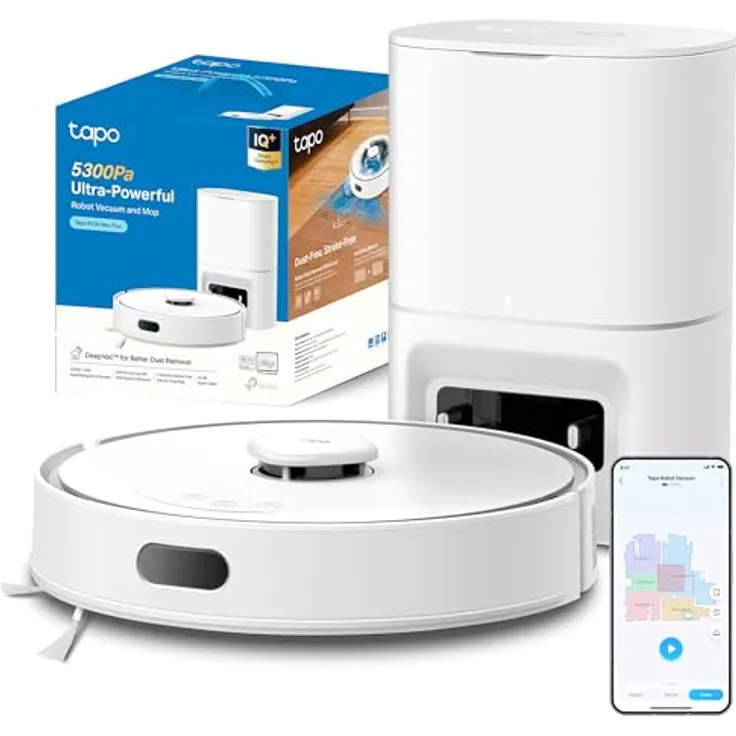 Tapo RV30 Max Plus, Saugroboter mit Wischfunktion, 5300Pa Saugkraft, automatische Absaugstation, LiDAR+IMU Navigation, Sprachsteuerung über Alexa & Google Assistant, Weiß