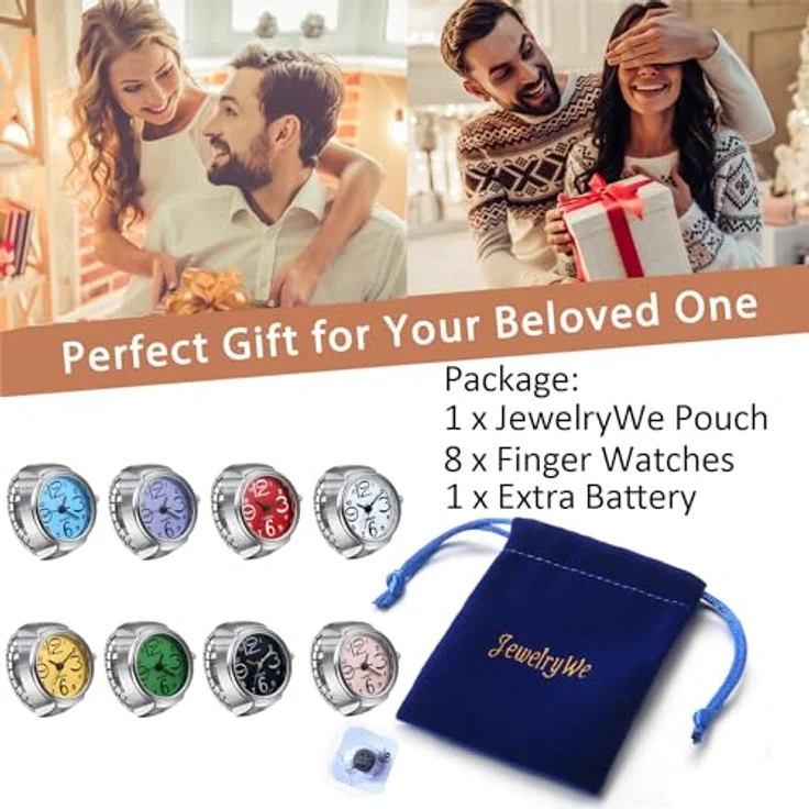 JewelryWe 8pcs Ringuhr, Analog Quarz Fingeruhr für Herren und Damen, elastisches Legierungsband, rund, verstellbar – Bild 5