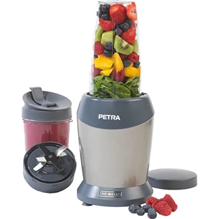 Petra PT2002V4SILVERVDEEU7 NutriMax Mehrzweck-Smoothie-Kaffeemaschine, Saftmixer, 2 Mischbehälter (800 ml/1 l), Trinkverschluss, Aufbewahrungsdeckel inklusive, BPA-frei, Cocktailmischer, 1000W