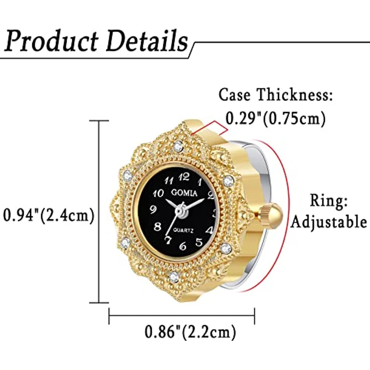 JewelryWe Ringuhr Fingeruhr Damen Analog Quarz Retro, Edelstahl verstellbar mit schwarzem Zifferblatt und goldenem Gehäuse, 3ATM wasserdicht – Bild 2
