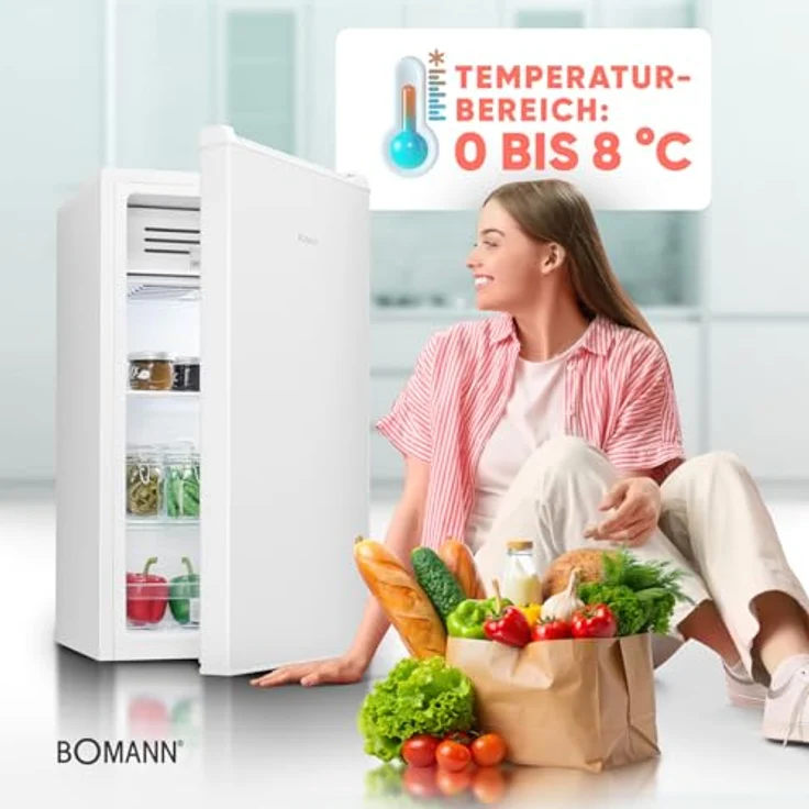 Bomann® KS 7257, kleiner Kühlschrank mit Gefrierfach, 83L, Temperaturbereich 0°C bis +8°C, 2 Glasablagen, 3 Türablagen, weiß – Bild 3