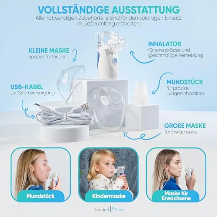Health Press Inhalationsgerät – Tragbares, Reisetaugliches Inhaliergerät für Erwachsene & Kinder – Leiser Vernebler für effektive Inhalation, inkl. Aufbewahrungsbox, Mundstück, Masken & USB-Kabel – Bild 5