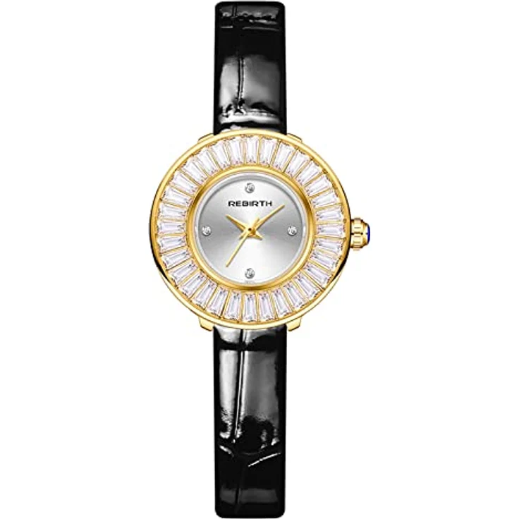 JewelryWe Trapezförmige Damenuhr Analog Quarz, Kristall, Echtleder Armband, 30m Wasserdicht, Schwarz – Bild 1
