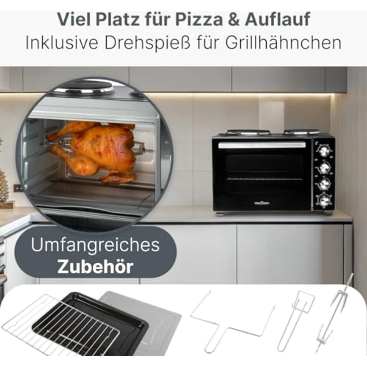 ProfiCook PC KK 1302, Minibackofen 32L mit Kochplatten und Drehspieß, Umluft, Oberhitze, Unterhitze, stufenlos regelbar, umfangreiches Zubehör – Bild 2
