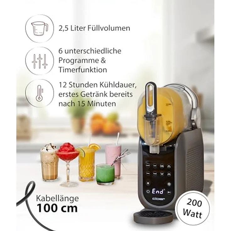 Cloer 9960 Slush Eis Maschine, 2,5 l Volumen, 6 Programme, Touch-Bedienung für Slush Ice, Frozen Cocktails & Milchshakes, 200 W – Bild 2