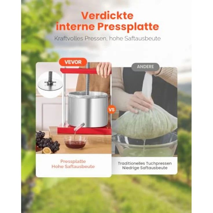 VEVOR Obstweinpresse SFP-6L, 6L Manuelle Saftpresse mit T-Griff, Edelstahlfässer und robuste Aluminiumlegierung für die Küche – Bild 2