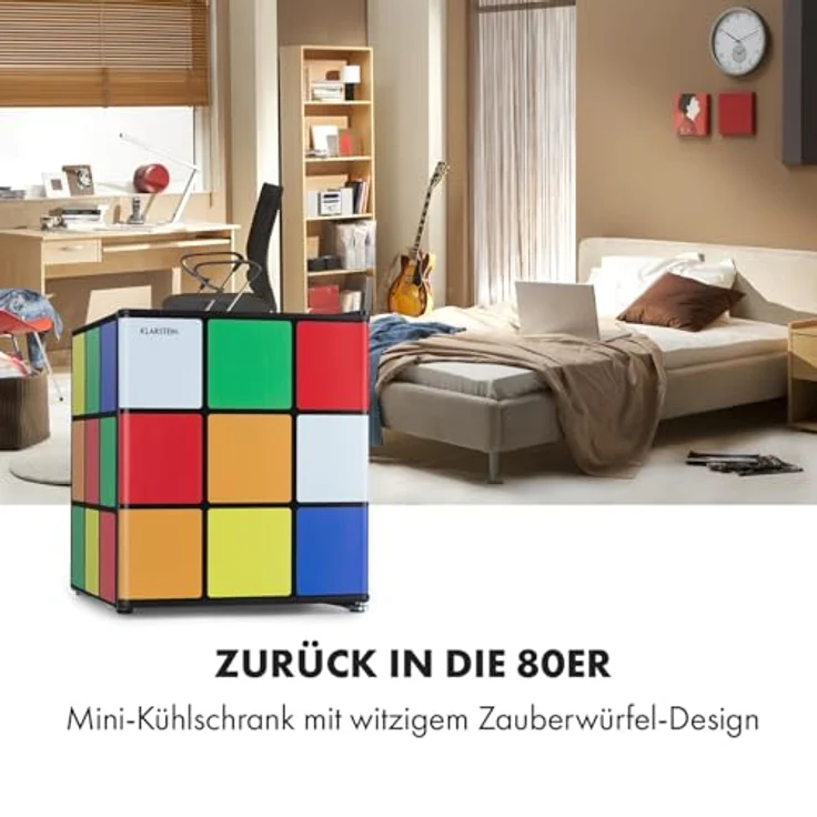 Klarstein Solve Mini-Kühlschrank, 48 Liter, thermoelektrisches Kühlsystem, 0 bis 10 °C Kühlung, Rubik-Würfel-Design, schwarz/bunt – Bild 2
