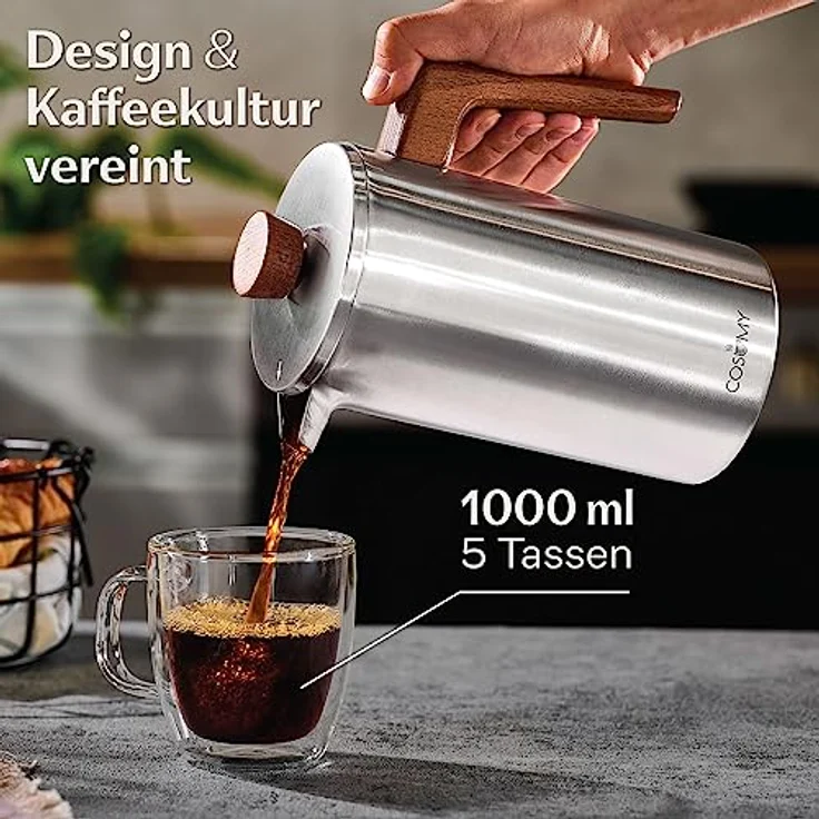 Cosumy French Press aus Edelstahl und FSC Holz - 1 Liter - Doppelwandige Thermo Isolierung - Große Kaffebereiter mit 2 Ersatzfiltern – Bild 2