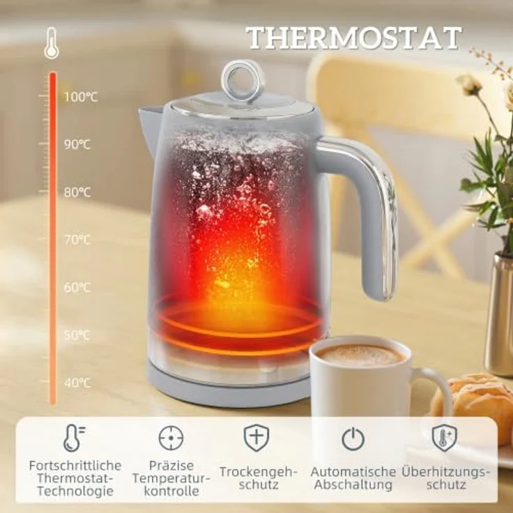 HOMCOM Wasserkocher- und Toaster-Set, 2200 W mit Thermostat, 1,7 l Wasserkocher und 2-Scheiben-Toaster, Grau – Bild 4