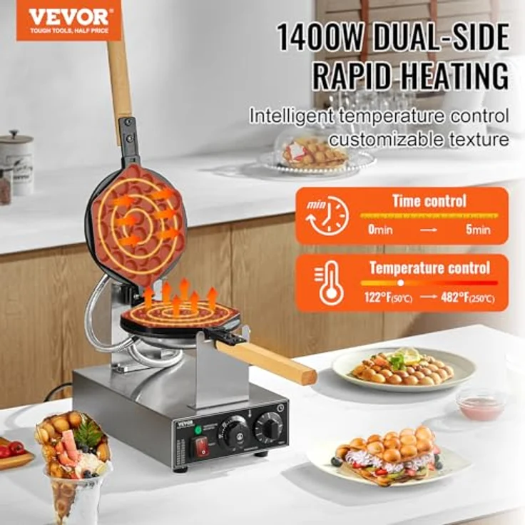 VEVOR Bubble Waffeleisen 1400 W, Edelstahl Eierpfannkuchenmaschine mit antihaftbeschichteter Backfläche und Temperaturregelung für Restaurant und Bäckerei – Bild 2
