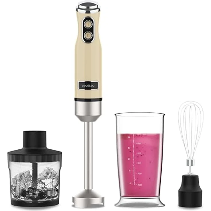Cecotec Stabmixer Power RetroYellow 1200MAX Cream&Crush, 1200 W, CrossBlades-Technologie, 2 Geschwindigkeiten, spülmaschinenfestes Zubehörset, Spritzschutzhaube – Bild 1