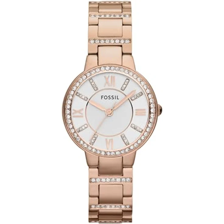 Fossil Damenuhr Virginia ES3284, Quarzwerk, 30mm Rose Gold Edelstahlgehäuse mit silbernem Zifferblatt und Edelstahlarmband, wasserdicht bis 50m – Bild 1