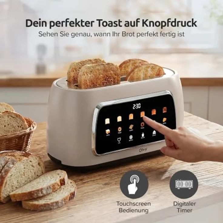 Olvy Premium Toaster mit LCD-Display, 6 Programmen und extrabreiten Schlitzen, Beige, 1500W – Bild 4
