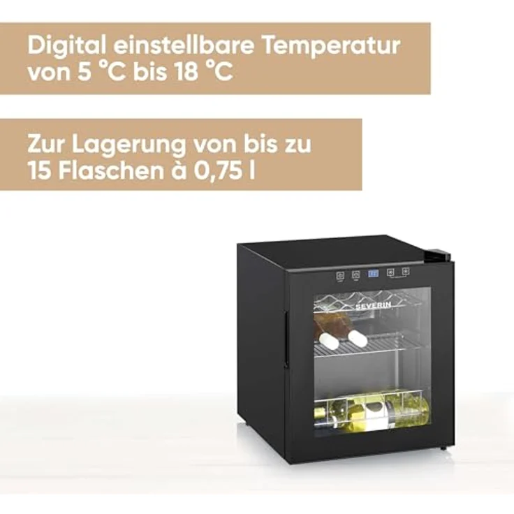 SEVERIN Weinkühlschrank 46 L Volumen für max. 15 Flaschen, LED & Touch-Display, 5-18°C, nur 43 dB, EEK F, schwarz – Bild 2