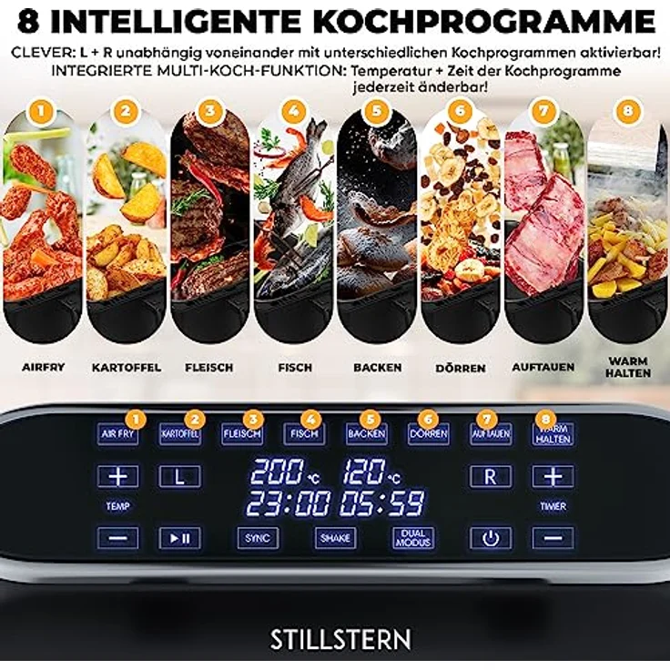 Stillstern Heißluftfritteuse Dual Zone 8L [2x 4L] mit Gleiches-Ende & Shake Funktion, 120 Rezepte [DEUTSCH], 8 Programme, Dörren, Auftauen&Warmhalten, 1700W Heissluftfritteuse Air Fryer XXL ohne Öl – Bild 3