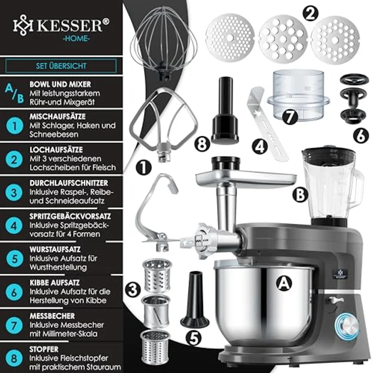 KESSER® K-KM 3000, 3 in 1 Universal Küchenmaschine mit 5,5L Edelstahl-Schüssel, Fleischwolf, Entsafter und Zubehör, 1500 Watt, 6 Geschwindigkeitsstufen, Spritzschutz – Bild 2
