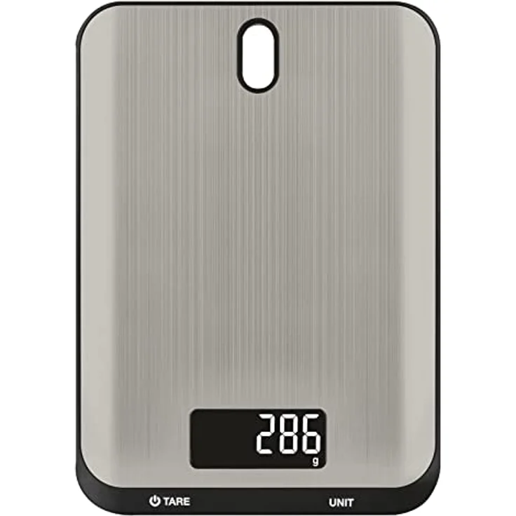 EMOS digitale Küchenwaage mit Wandhalterung, elektronische Edelstahl-Haushaltswaage bis zu 10 kg, beleuchteter LCD-Display, wiegt in g, kg, ml, oz, lb, tl, inkl. Batterien Silbern – Bild 2