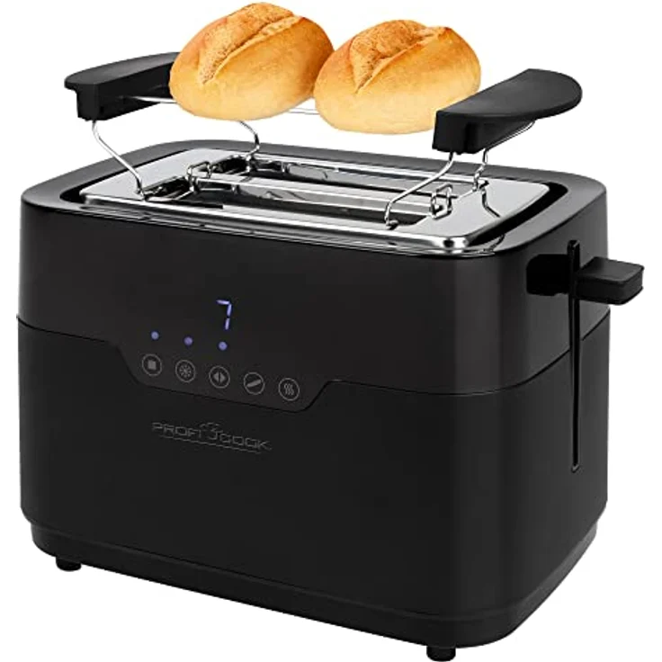 ProfiCook Toaster 2 Scheiben mit Brötchen Aufsatz und extra breitem Toast-Schlitz, Auftaufunktion, 7 einstellbare Bräunungsstufen Edelstahl gleichmäßige Toaster schwarz matt, PC-TA 1244 – Bild 1
