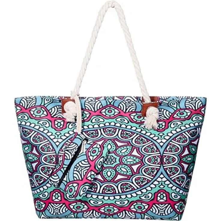DonDon Strandtasche XXL mit Reißverschluss, praktische Shopper Tasche Damen in Indian Temple Design, 58x38x18 cm mit Innenfach und kleiner Extra-Tasche