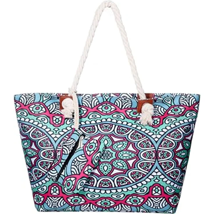 DonDon Strandtasche XXL mit Reißverschluss, praktische Shopper Tasche Damen in Indian Temple Design, 58x38x18 cm mit Innenfach und kleiner Extra-Tasche – Bild 1
