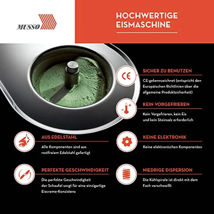 Musso Mini Lussino 4080 Eiscreme-Maschine | 0,75l Eiscreme in 30min | Italienische Eiscreme-Maschine für Zuhause | Vegane oder zuckerfreie Eiscreme, Gelato, Sorbet, Slush-Eis | Einfach zu benutzen – Bild 3