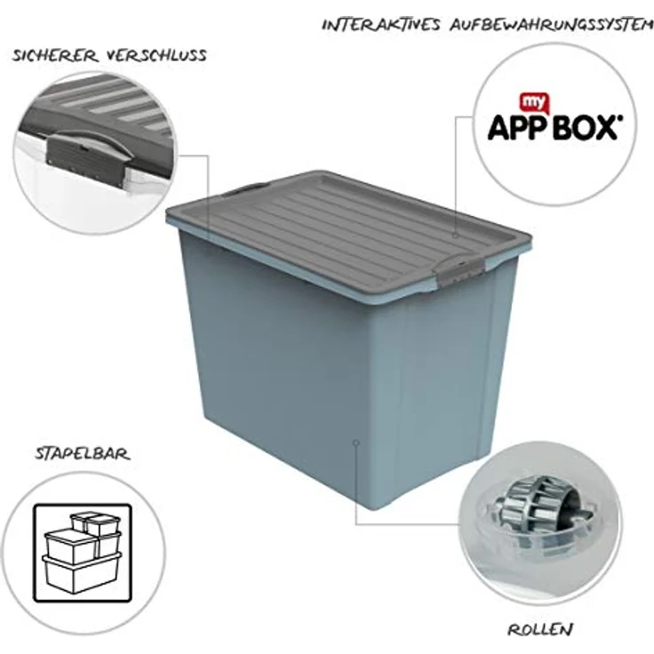 Rotho Compact Aufbewahrungsbox mit Deckel und Rollen, Kunststoff (PP recycelt) BPA-frei, blau/anthrazit, 70Liter – Bild 3