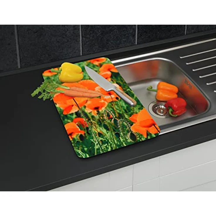 Wenko 2521434500 Herdabdeckplatte Universal Mohnfeld - 2er Set, für alle Herdarten, Gehärtetes Glas, 30 x 1.8-4.5 x 52 cm, Mehrfarbig – Bild 4