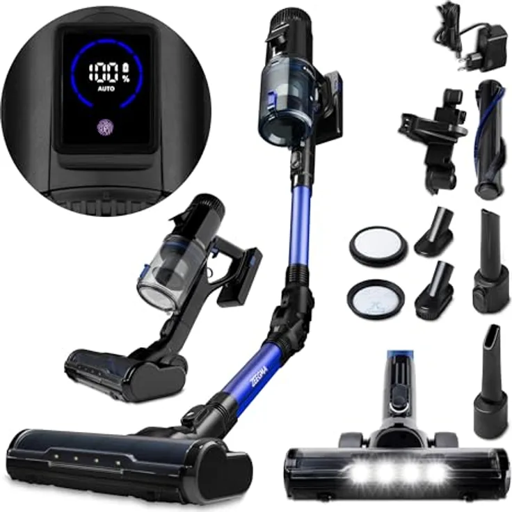 Zeegma Klaar Kabelloser Vertikalstaubsauger 400W, 25000Pa Saugleistung, 60 Min Laufzeit, Beutellos, Turbo 2in1 Bürste mit LED-Licht, 5-stufiger waschbarer HEPA Filter, Touchpanel Display, Schwarz-blau