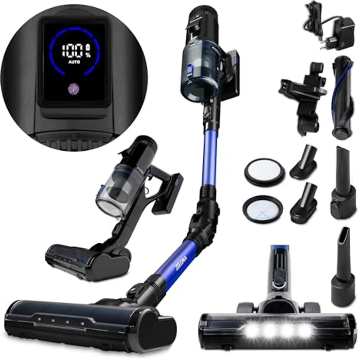 Zeegma Klaar Kabelloser Vertikalstaubsauger 400W, 25000Pa Saugleistung, 60 Min Laufzeit, Beutellos, Turbo 2in1 Bürste mit LED-Licht, 5-stufiger waschbarer HEPA Filter, Touchpanel Display, Schwarz-blau – Bild 1