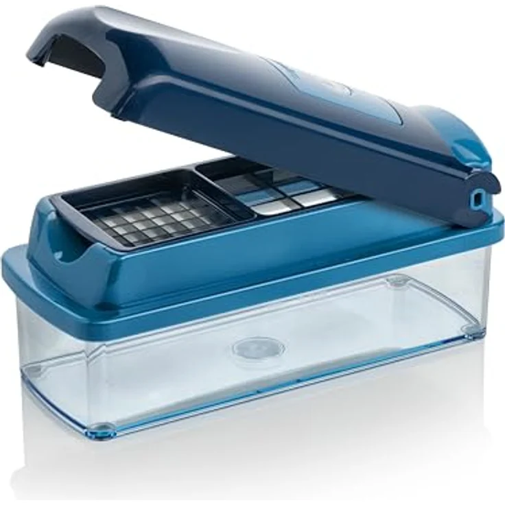Genius Nicer Dicer Smart Gemüseschneider 6 tlg. mit 800 ML Behälter, manuell, blau, Edelstahlklingen für präzises Reiben und Würfeln – Bild 4