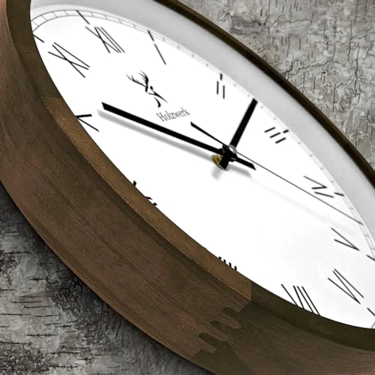 Holzwerk Germany Natur Holz Wanduhr Holz-Uhr Vintage lautloses Uhrwerk ohne Tickgeräusche römische Ziffern Braun Weiß lautlos aus handgefertigtem Massivholz Natur Holz 30 cm (Römisch.Braun) – Bild 4
