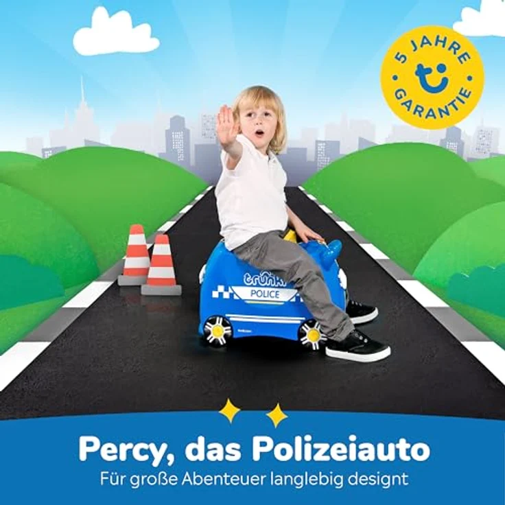 TRUNKI Handgepäck Und Kinderkoffer zum Draufsitzen | Trolley Percy das Polizeiauto (Blau) – Bild 5
