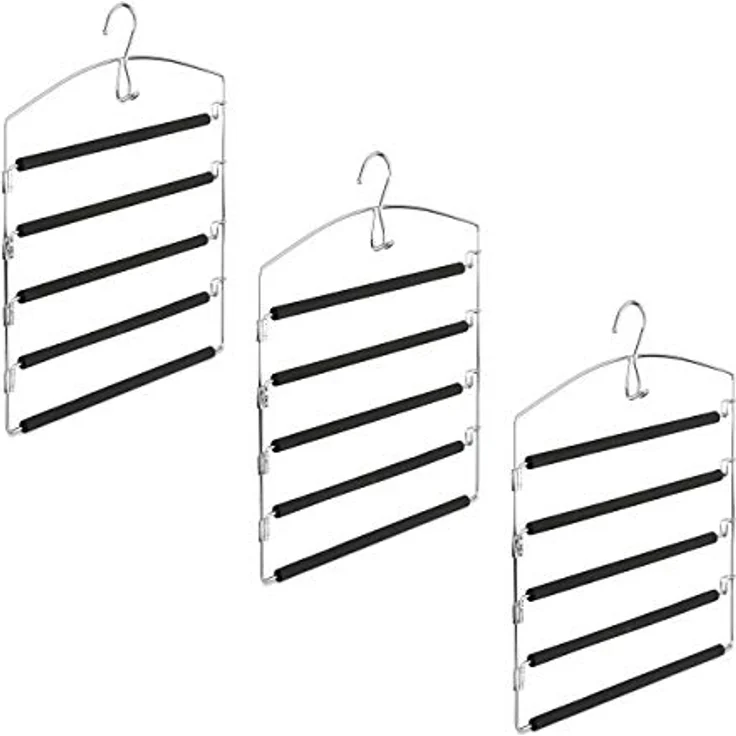 Relaxdays Hosenbügel 3er Set, platzsparend aus Metall mit gepolsterten Stegen, silber/schwarz, HxBxT: 44,5x37x2,7 cm – Bild 1