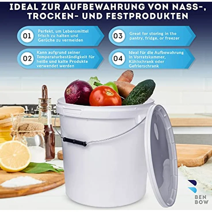 BenBow Eimer mit Deckel 20l weiß 1x 20 Liter - lebensmittelecht, stabil, luftdicht, auslaufsicher - Vorratsbehälter für Aufbewahrung aus Kunststoff, mit Metall-Henkel - leer – Bild 3