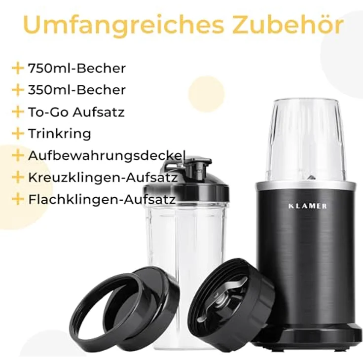 KLAMER Bullet Mixer 1000 Watt, elektrischer Smoothie Maker mit 2 Mixbehältern, Edelstahlklingen und BPA-freiem Zubehör – Bild 4